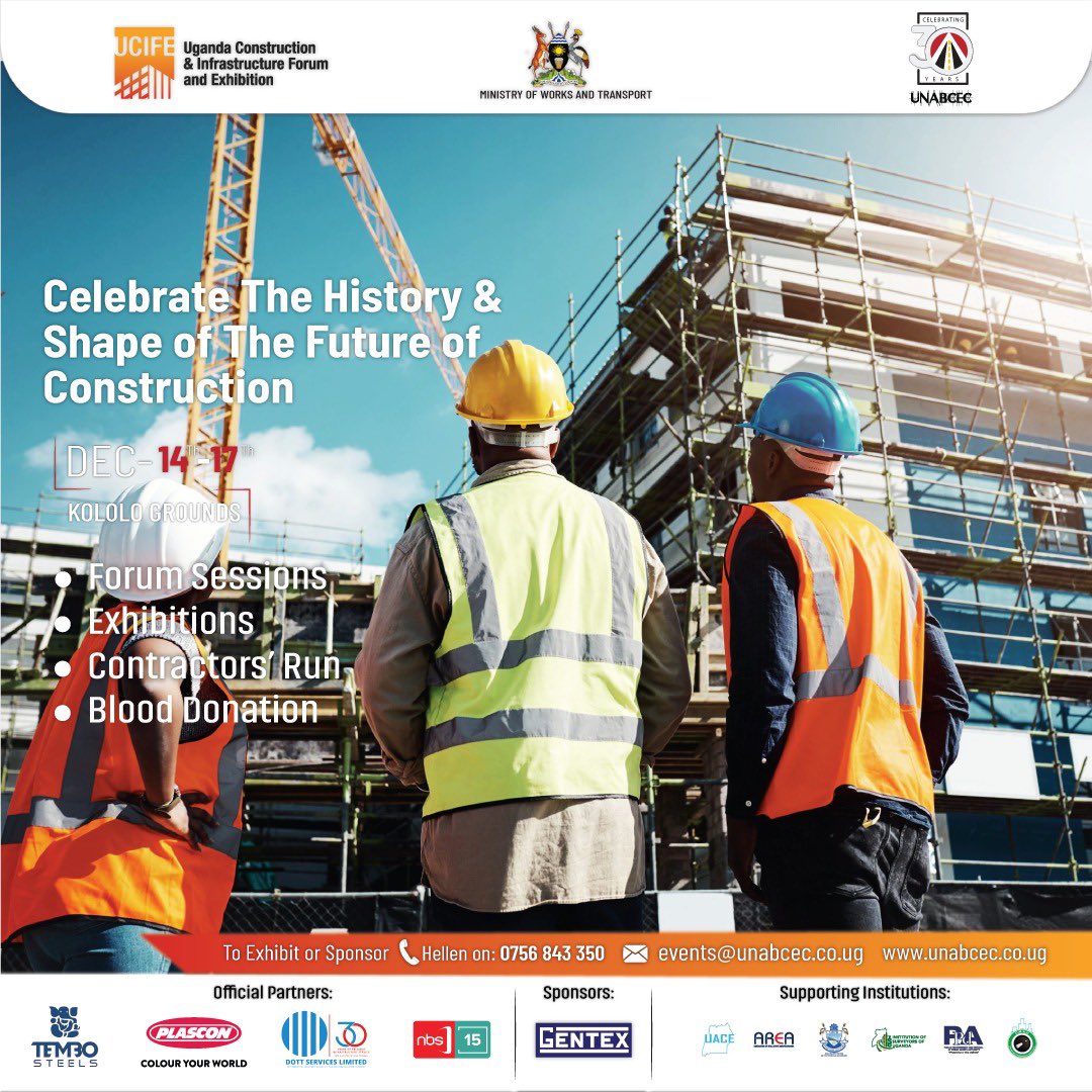 The first Uganda Construction and Infrastructure Forum and Exhibition is here. 

Don't miss this groundbreaking event that's set to transform the construction industry.

Happening on Dec 14-17, 2023 at Kololo Independence Grounds

Organized by @UNABCEC_UG