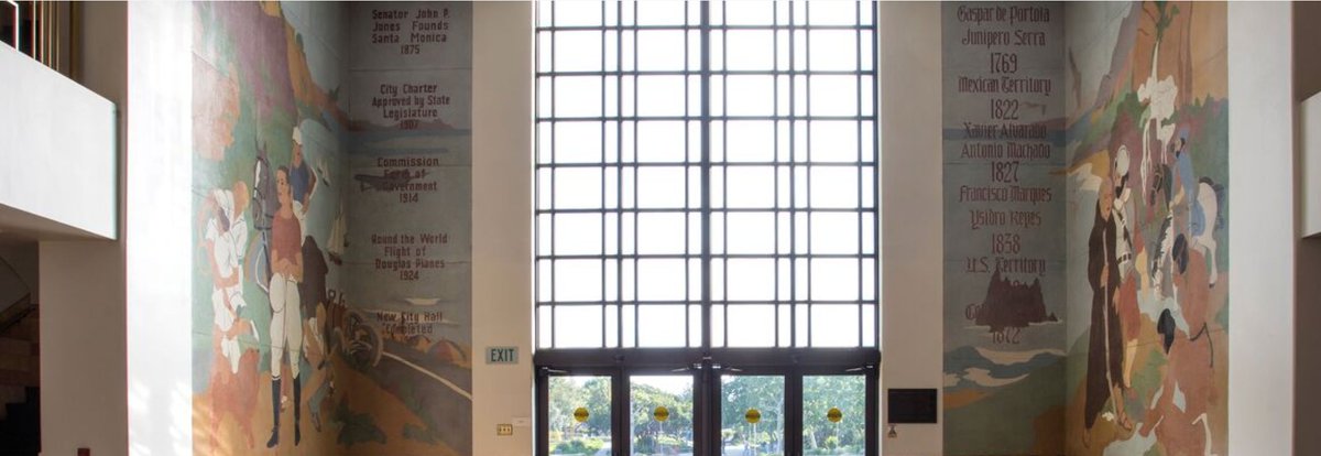 LAhistory's tweet photo. Today at 6pm: As part of #SantaMonica's “Reframe: City Hall Mural” project, there is an open house and community mixer at Santa Monica City Hall to discuss the new report by Meztli Projects about the building’s WPA murals. https://t.co/o7pwLchgwB #CivicMemory https://t.co/asdlR4y86S