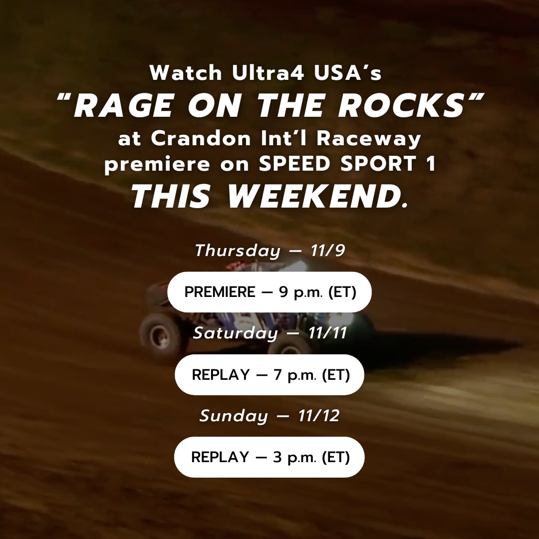 TONIGHT. RAGE ON THE ROCKS. 💥

Watch Ultra4 USA's 4400 Unlimited class battle for glory at Crandon Int'l Raceway during tonight's Rage on the Rocks premiere on SPEED SPORT 1.

Go to pulse.ly/grlexe00o2 to watch, or download the app in the iOS or Apple TV app store 📲