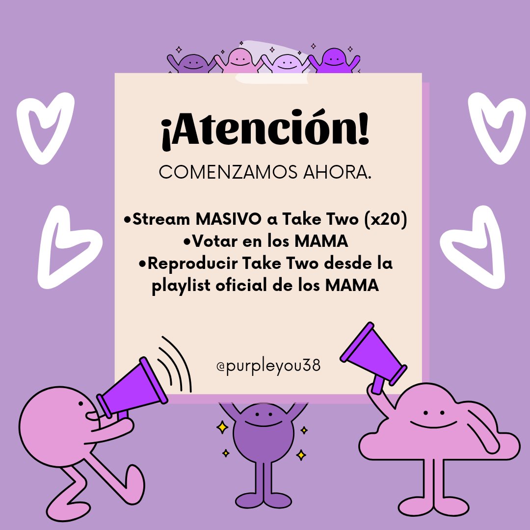 purpleyou38's tweet photo. — COMENZAMOS.

Unite a la fiesta de stream y votación masiva.

•Reproducir Take Two x20.
•Reproducir Take Two x1 desde la playlist oficial de los MAMA.
•Votar con todos los dispositivos posibles en la app.

📌LEER NOTAS ABAJO.🚨

#voteonbtsmama #VoteForBTS #StreamForBTS https://t.co/vWcsbw8IYe