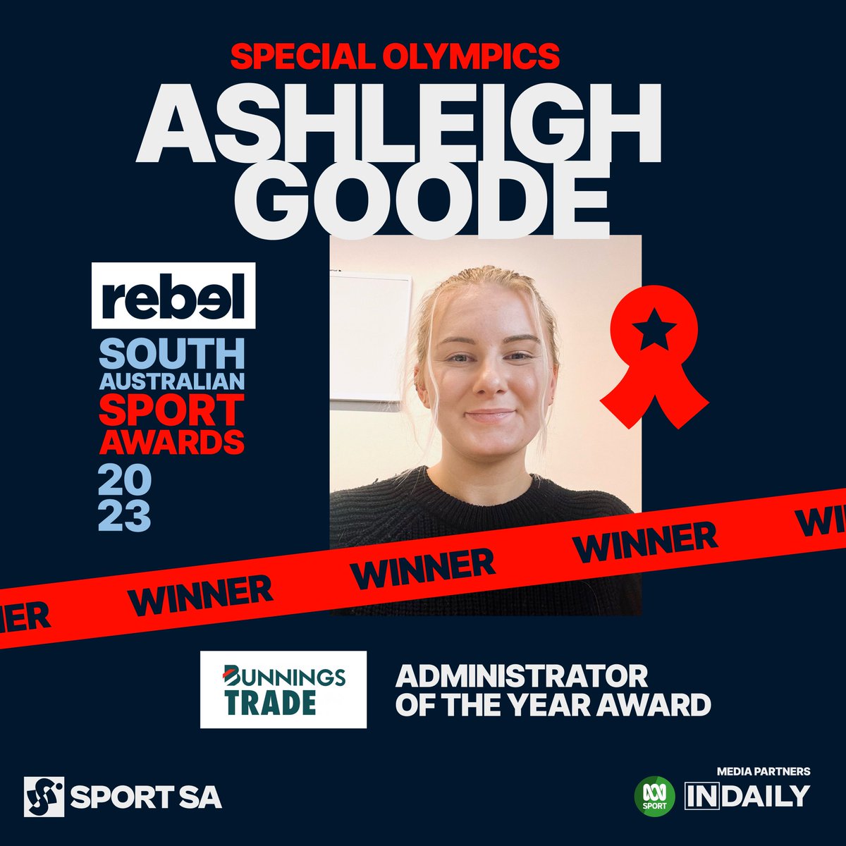 Congratulations to Ashleigh Goode. Winner of The Administrator of the Year Award, proudly sponsored by Bunnings Trade.

#AdministratorOfTheYearAward #RebelSASportAwards2023 #BunningsTrade #SportSA #SpecialOlympicsSA