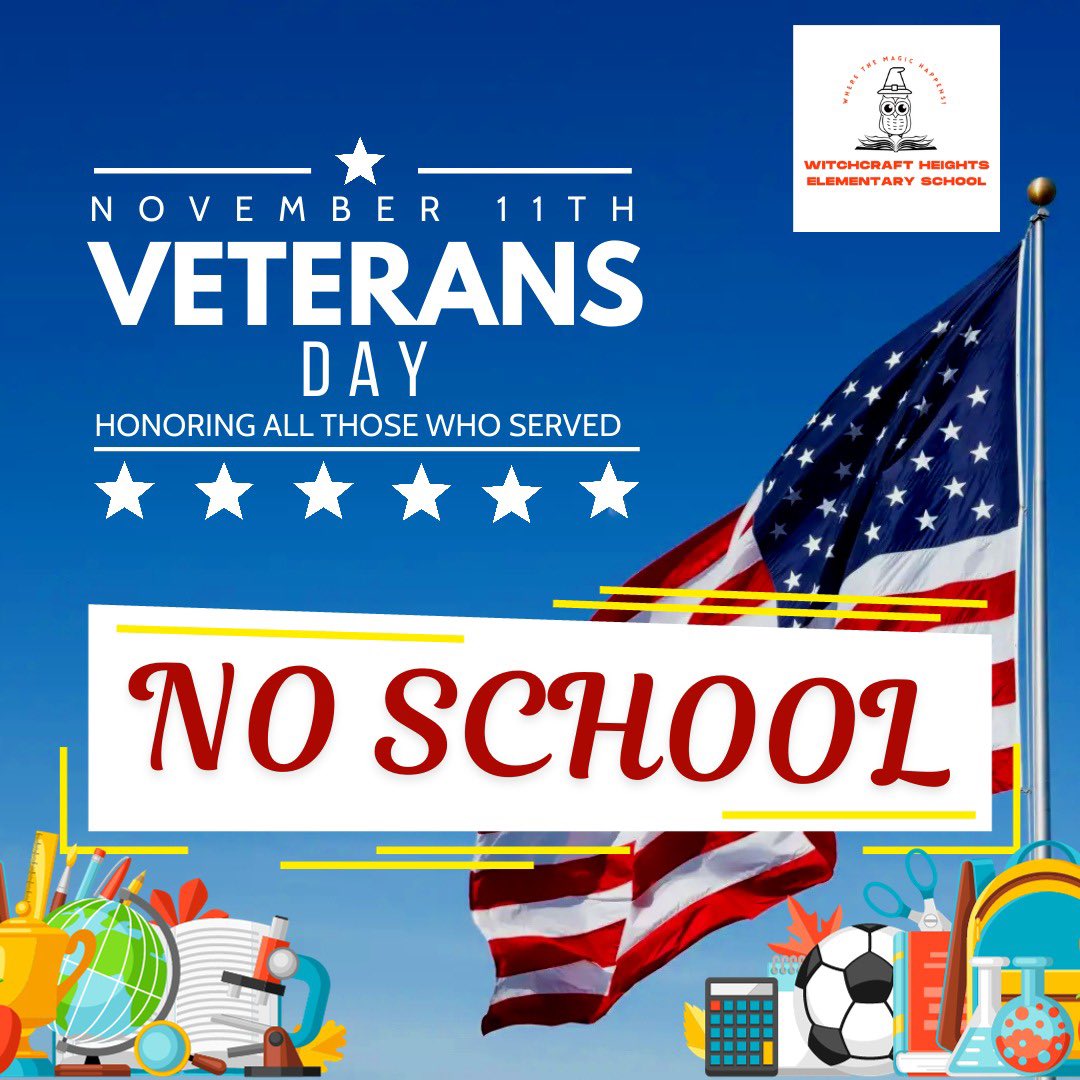 In observance of Veterans Day, there is no school tomorrow, Friday, November 10th. 🇺🇸🦉 

Classes resume on Monday, November 13th. Enjoy the long weekend!
