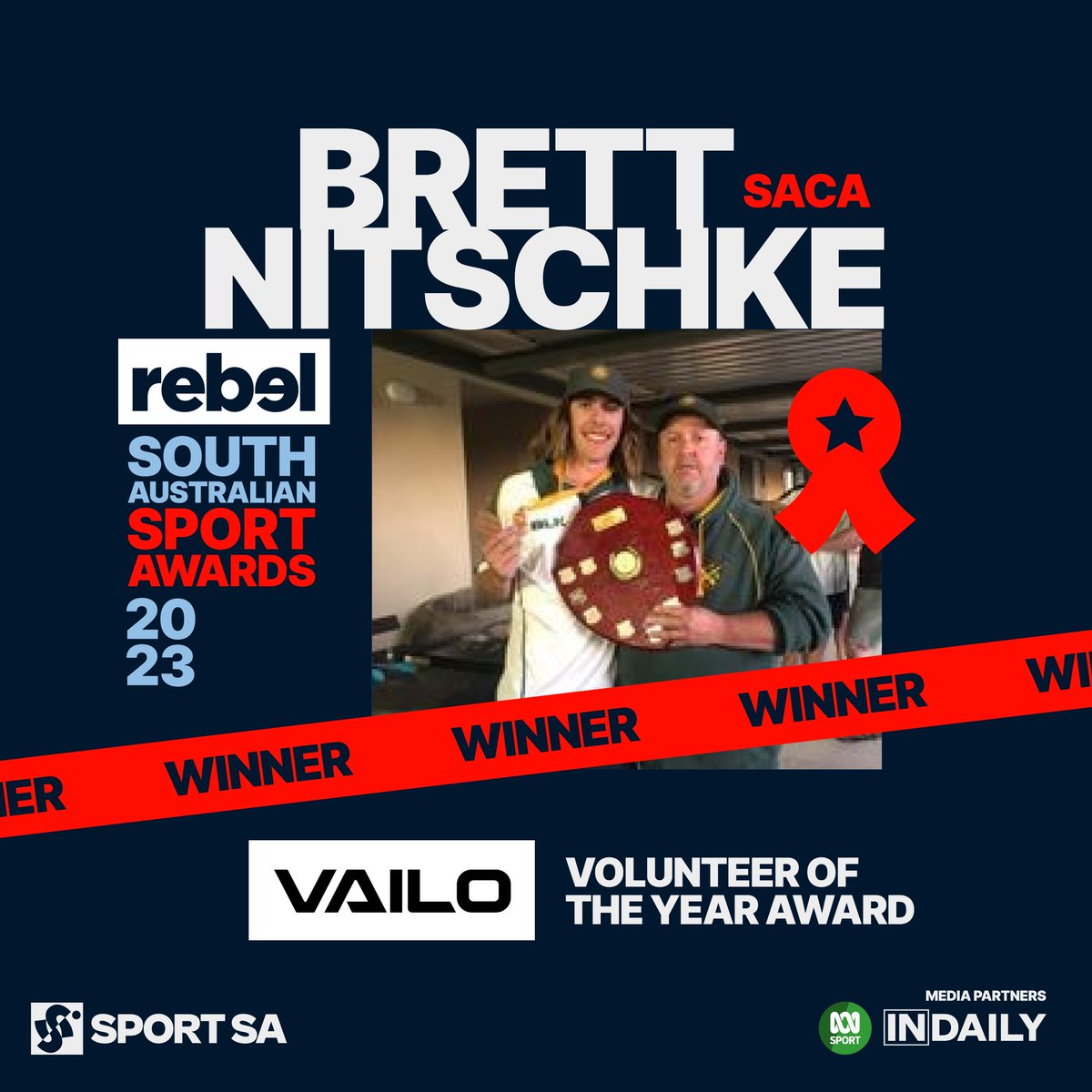 Congratulations to Brett Nitschke. Winner of The Volunteer of the Year Award, proudly sponsored by VAILO.

#VolunteerOfTheYearAward #RebelSASportAwards2023 #RebelSport #VAILO #SportSA #SACA