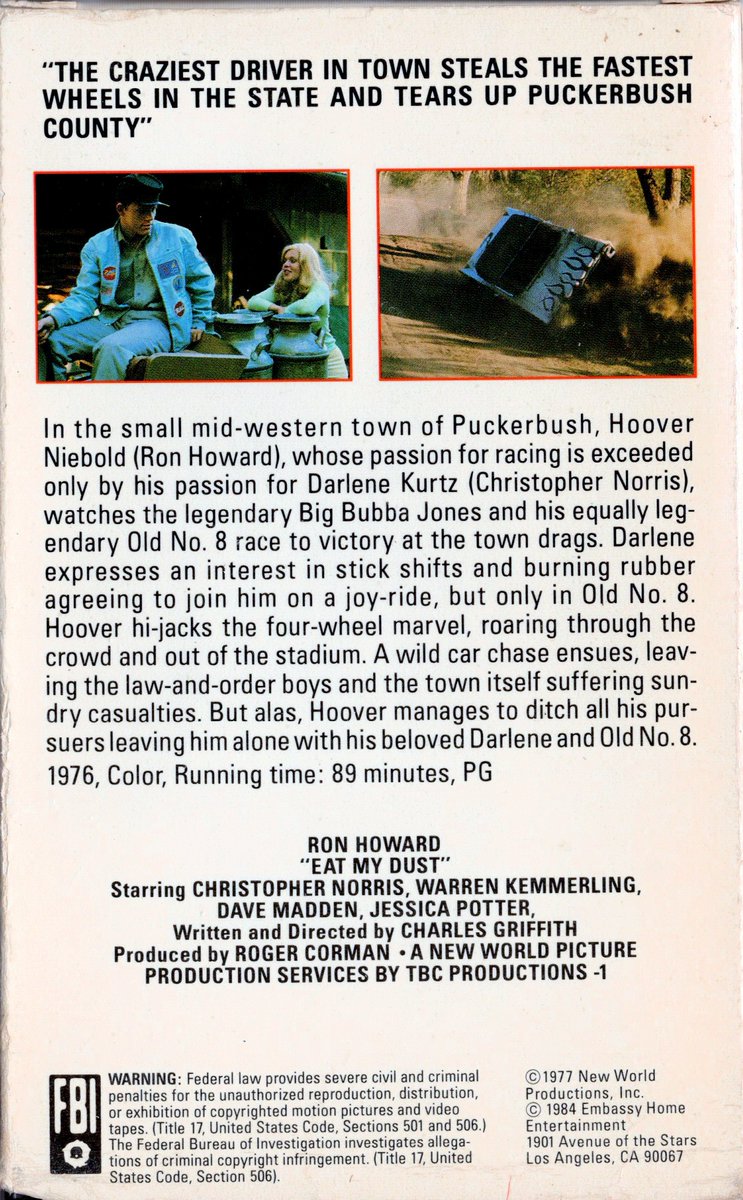 Fave5FromFans's tweet photo. Media from my collection
Eat My Dust! (1976) on #BetaMax #Embasy #NewWorld
d. Charles B. Griffith
p. @RogerCorman
Starring Ron Howard, Christopher Norris, & Brad David
#physicalmedia #vintage #VCR #retro #analog #videostore #movies #homevideo #Action @TheNewWorldPod https://t.co/LGlQn2ntXU