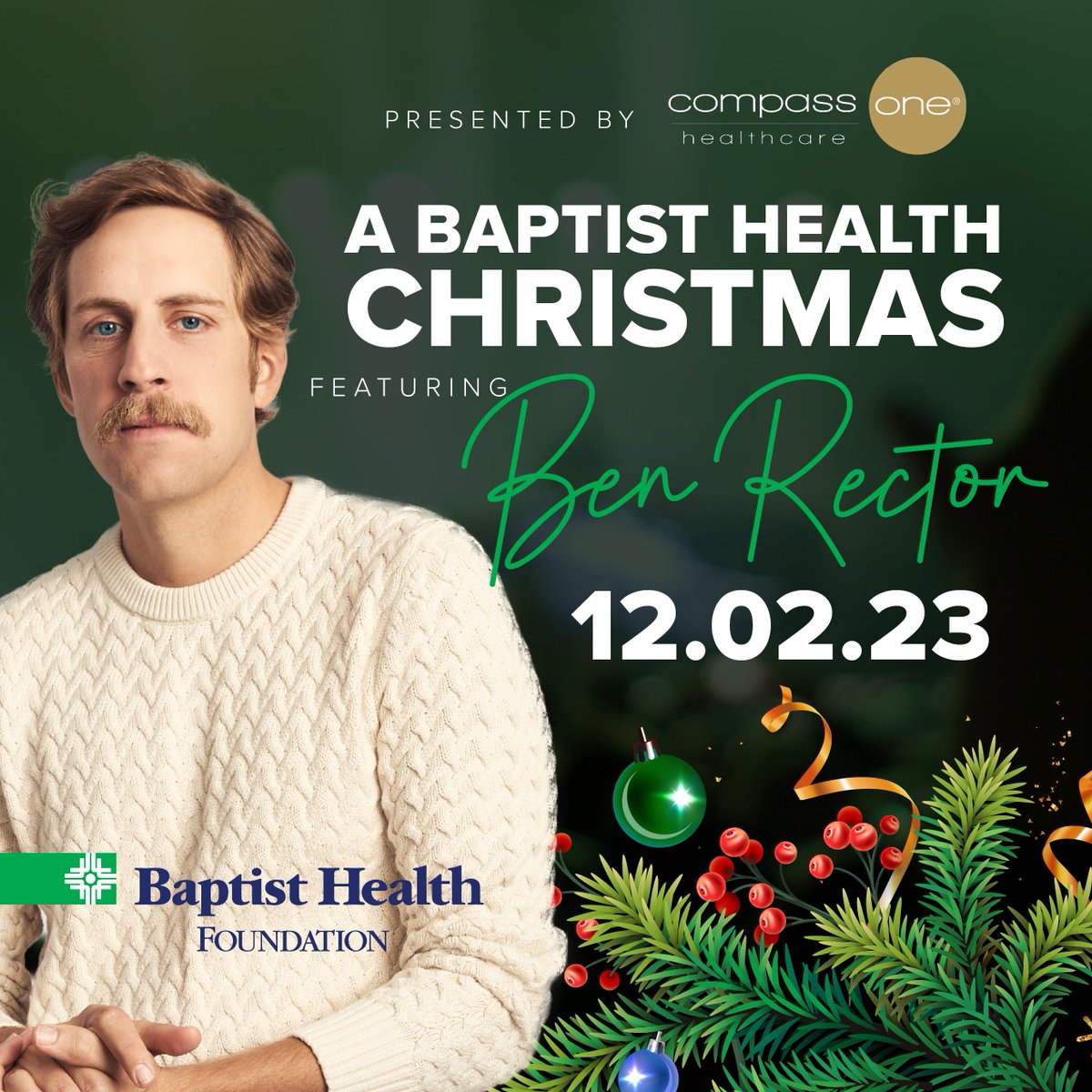 Join us for “A Baptist Health Christmas” hosted by Miss Arkansas Cori Keller, featuring national recording artist Ben Rector. All ticket proceeds will support Baptist Health Women’s and Children’s Services bit.ly/3Mbu9K