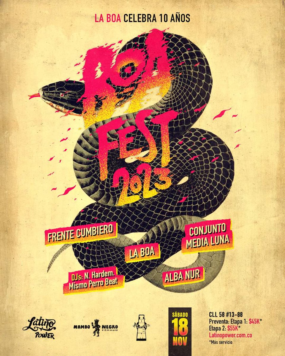 #AgendaTótem
BOA Fest 2023
En Vivo: 
<a href="/LaBOAOfficial/">La BOA</a> <a href="/FrenteCumbiero/">Frente Cumbiero</a> @C_MediaLuna #AlbaNur 
DJ Set:
<a href="/n_hardem/">Idris Selva</a> &amp; #MismoPerro 
Boletas: bit.ly/EntradasBOAFes…