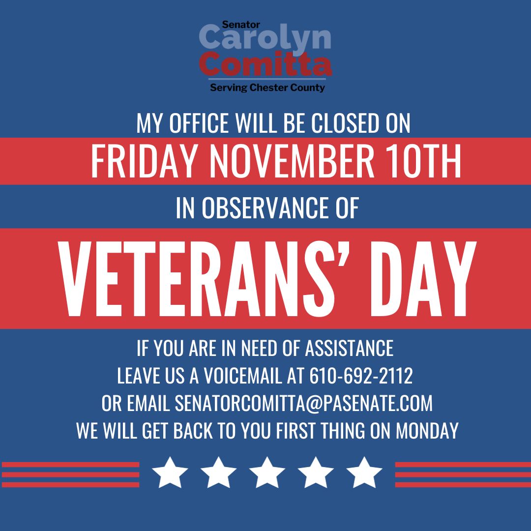 My office will be closed Friday November 10th in observance of Veterans' Day. If you are in need of assistance, leave us a voicemail at 610-692-2112 and we will get back to you first thing Monday.