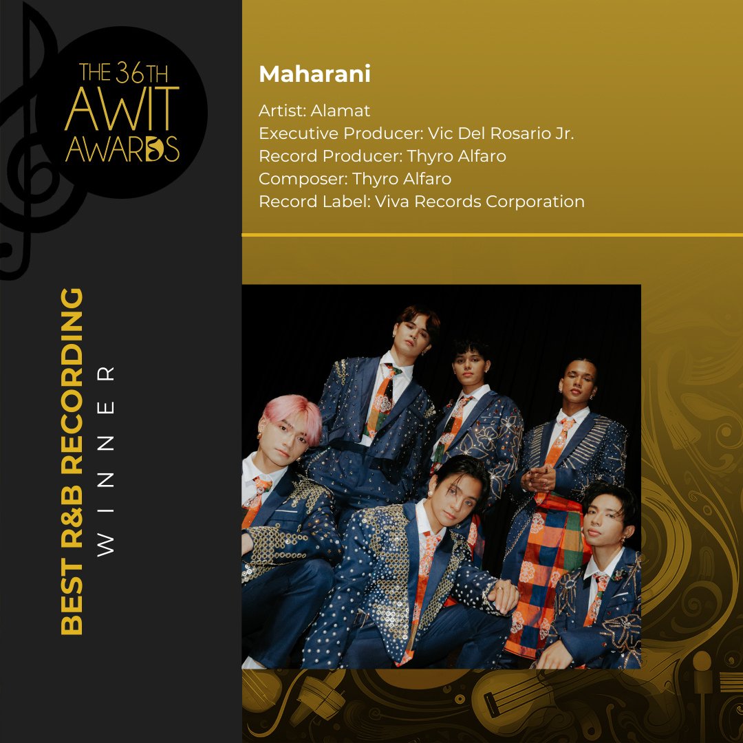 AwitAwards's tweet photo. Feel the groove, feel the soul! Alamat's 'Maharani' reigns supreme as the Best R&B Recording. Long live the rhythm! ๐
#36thAwitAwards #AwitAwards2023 #AwitAwards https://t.co/eeywjXnZS7