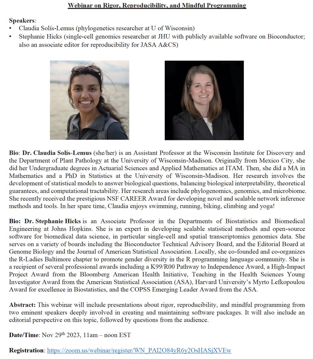 ASA Section on Statistics in Genomics and Genetics (@asa_ssgg) on Twitter photo ASA SSGG Webinar on Rigor, Reproducibility, and Mindful Programming by <a href="/stephaniehicks/">Stephanie Hicks, PhD</a> and <a href="/solislemuslab/">Claudia Solís-Lemus</a> 👏. Registration: zoom.us/webinar/regist…. Time: Nov 29th 2023, 11am – noon EST. <a href="/AmstatNews/">ASA</a> ASA SSGG Webinar on Rigor, Reproducibility, and Mindful Programming by <a href="/stephaniehicks/">Stephanie Hicks, PhD</a> and <a href="/solislemuslab/">Claudia Solís-Lemus</a> 👏. Registration: zoom.us/webinar/regist…. Time: Nov 29th 2023, 11am – noon EST. <a href="/AmstatNews/">ASA</a>