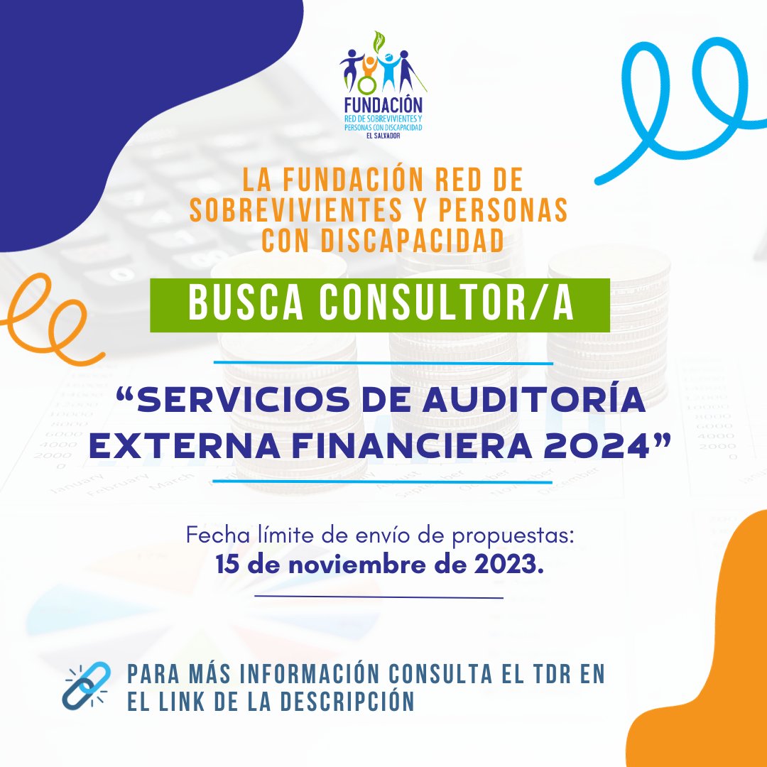 La Red de Sobrevivientes, abre la convocatoria para recepción de propuestas, para la consultoría: "𝗦𝗲𝗿𝘃𝗶𝗰𝗶𝗼𝘀 𝗱𝗲 𝗔𝘂𝗱𝗶𝘁𝗼𝗿í𝗮 𝗘𝘅𝘁𝗲𝗿𝗻𝗮 𝗙𝗶𝗻𝗮𝗻𝗰𝗶𝗲𝗿𝗮𝟮𝟬𝟮𝟰" 
Puede ver los términos de referencia aquí: bit.ly/40MWUUh  Fecha límite: 15/11/2023