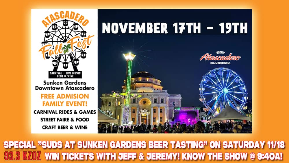 Atascadero Fall Fest is NEXT WEEKEND! Win some beer tasting tix with Jeff &amp; Jeremy! Want carnival wristbands? Text CARNIVAL to 805-543-3693 and get in to WIN! #FallFest kzoz.com/2023/11/06/93-…