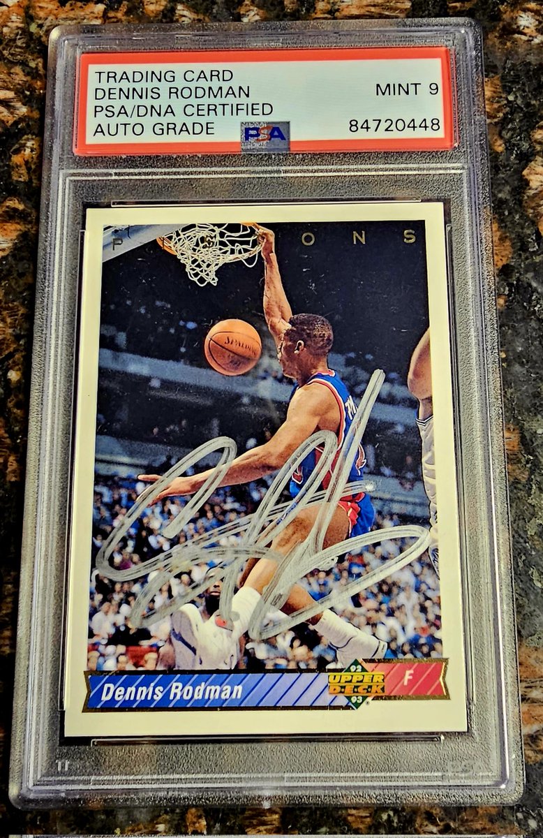 BuffaloInBoston's tweet photo. Give away #116 Dennis Rodman Auto.  This guy was crazy, but a beast. All he did was be a winner. 

1 winner will get this IP Dennis Rodman Auto card. PSA Authentic.

Follow if you are not, retweet and like for a shot. 

Winner announced on Saturday 11/11 by 8pm EST. Good luck https://t.co/kdPhcx6oJA
