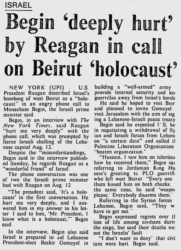 thelefttake's tweet photo. forty years ago, president ronald reagan, perhaps one of the most staunchly conservative presidents of all time, refused to back israel's illegal bombing of beirut. he justifiably described israel's actions as a "holocaust". today he would have been smeared as an antisemite. https://t.co/WTwnOjztrB