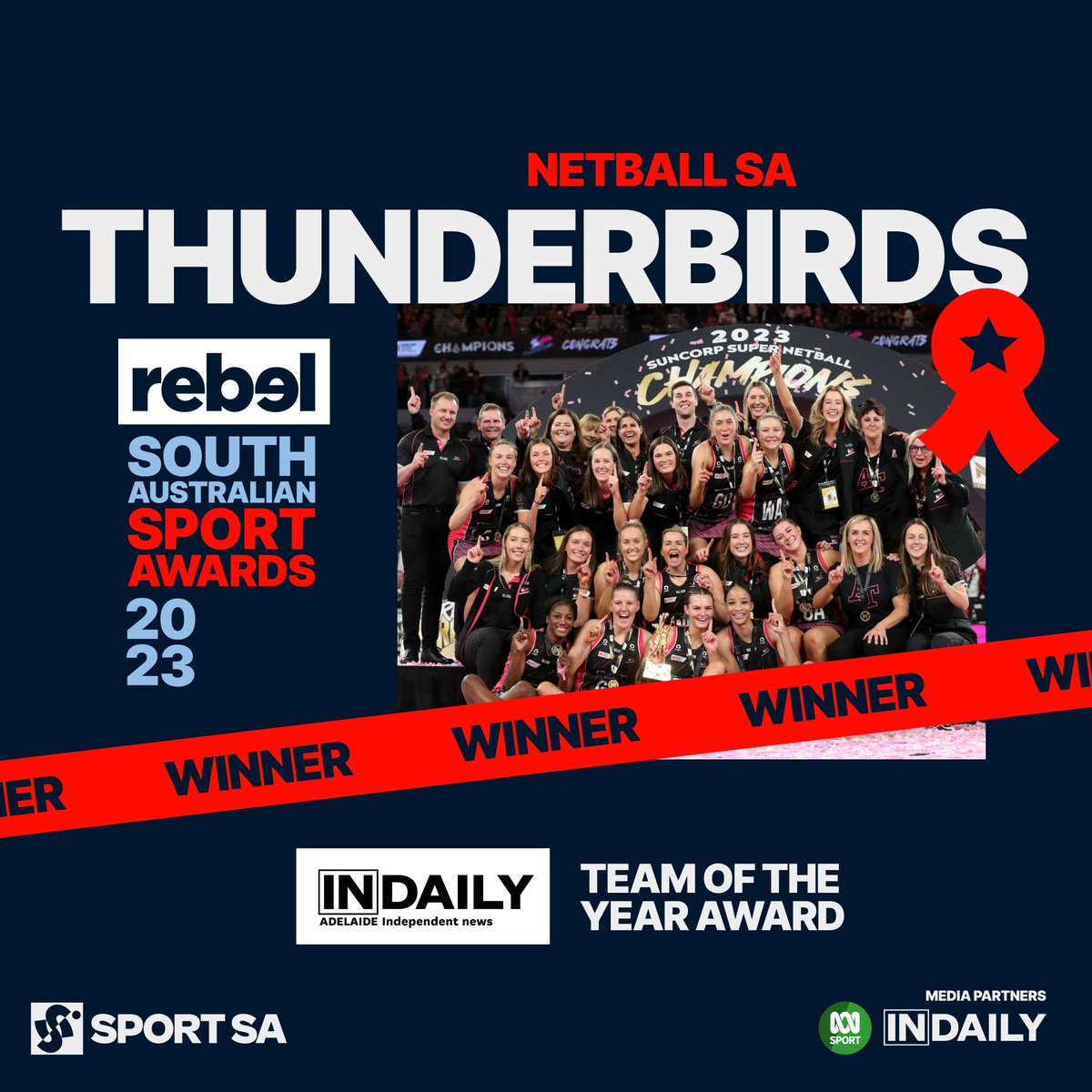Congratulations to The Adelaide Thunderbirds, Winner of The Team of the Year Award, proudly sponsored by InDaily.

#TeamOfTheYearAward #RebelSASportAwards2023 #RebelSport #InDaily #AdelaideThunderbirds