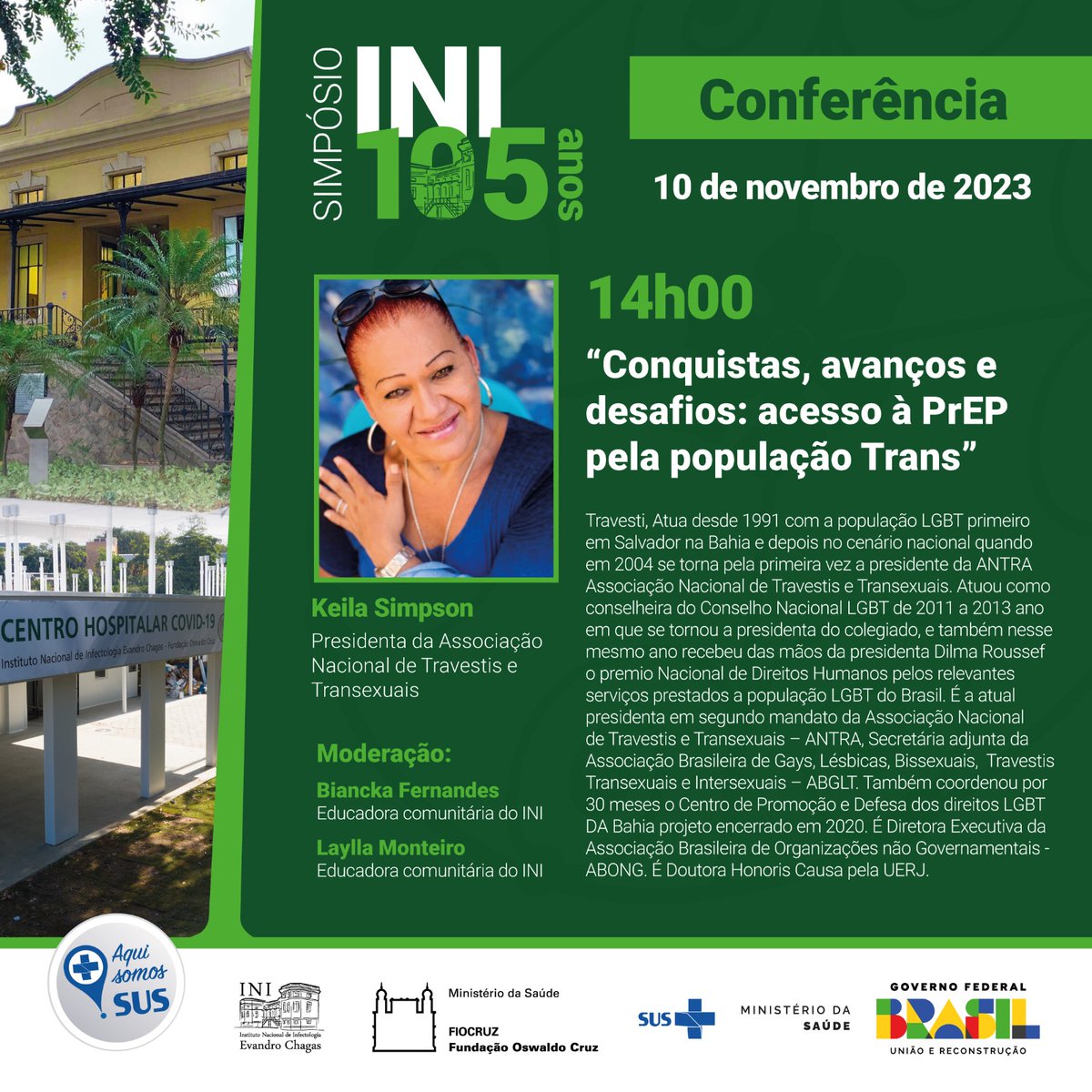 INI/Fiocruz (@inifiocruz) on Twitter photo Hoje, às 14h, o Simpósio INI 105 Anos, tem a conferência "Conquistas, avanços e desafios: acesso à PrEP pela População Trans", com a presidente da <a href="/AntraBrasil/">ANTRA Brasil</a>, <a href="/simpsonkeila1/">Keila Sousa</a>.
Acompanhe youtube.com/live/a4E20Xgjm…
#fiocruz #pesquisaclinica #infectologia #sus #prep #transgender Hoje, às 14h, o Simpósio INI 105 Anos, tem a conferência "Conquistas, avanços e desafios: acesso à PrEP pela População Trans", com a presidente da <a href="/AntraBrasil/">ANTRA Brasil</a>, <a href="/simpsonkeila1/">Keila Sousa</a>.
Acompanhe youtube.com/live/a4E20Xgjm…
#fiocruz #pesquisaclinica #infectologia #sus #prep #transgender