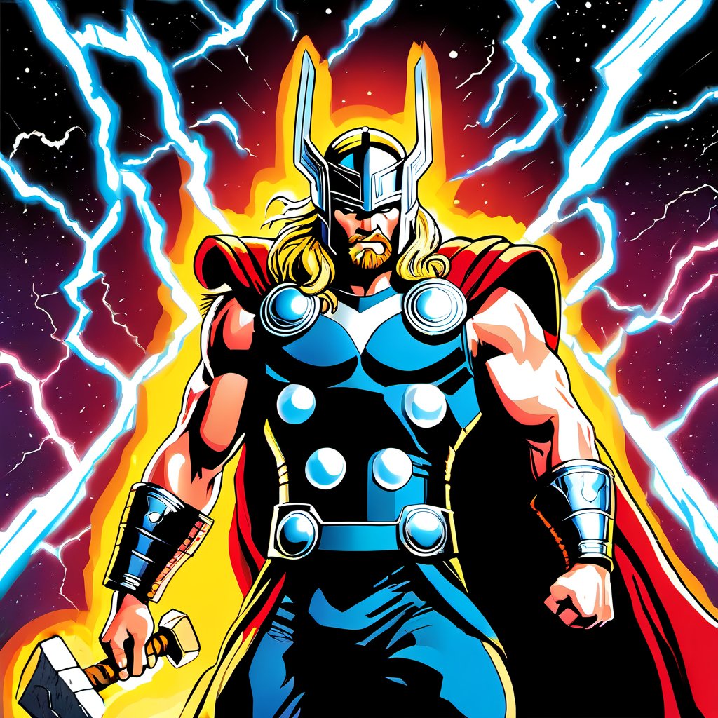 InfiniteHeroism's tweet photo. #Thorsday #ThorThursday - #Thor- "Across the rainbow bridge of Asgard, Where the booming heavens roar.⚡️You'll behold in breathless wonder, The God of Thunder, Mighty Thor! ⚡️" (image by Jeffrey Imm, using https://t.co/4CpsNAGtsh) - #Heroes #AIComics #HeroAI #AIArtCommunity https://t.co/b6zGH1eyQ8