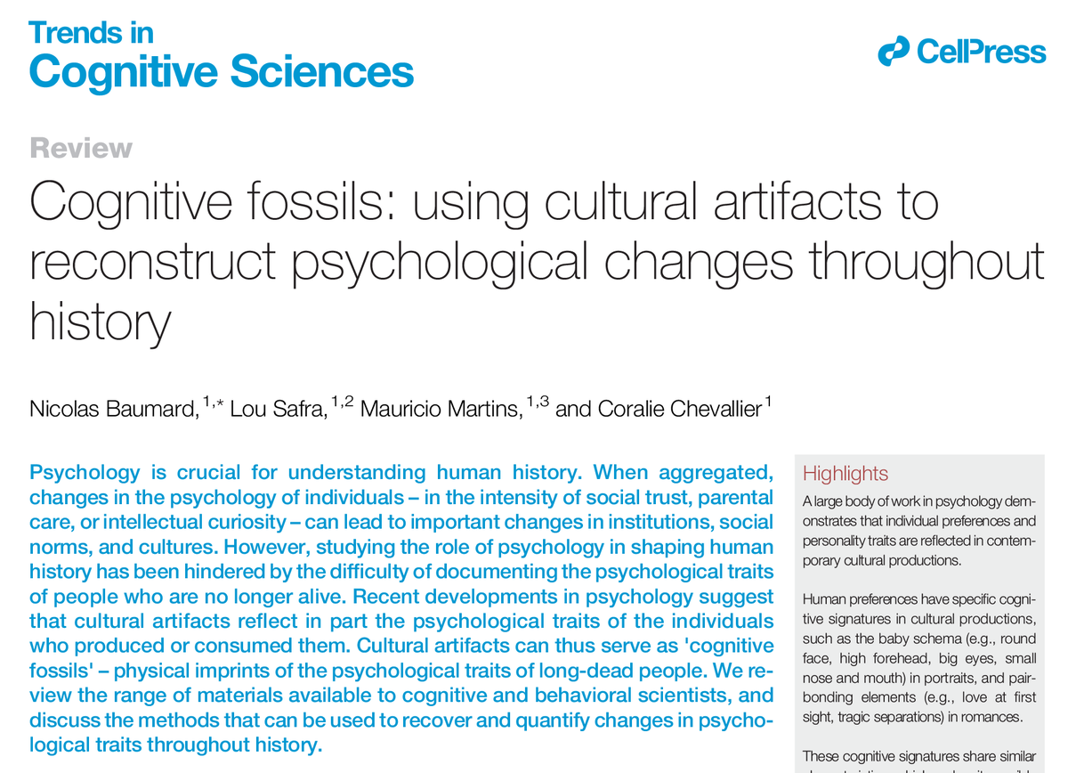 Trends in Cognitive Sciences (@trendscognsci) on Twitter photo Cognitive fossils: using cultural artifacts to reconstruct psychological changes throughout history
Review by Nicolas Baumard, Lou Safra, Mauricio Martins, & Coralie Chevallier
<a href="/MauJDMartins/">Mauricio JD Martins, MD PhD</a> <a href="/CoralieChevall1/">Coralie Chevallier</a>
Free access until December 28: authors.elsevier.com/a/1i3644sIRvPN… Cognitive fossils: using cultural artifacts to reconstruct psychological changes throughout history
Review by Nicolas Baumard, Lou Safra, Mauricio Martins, & Coralie Chevallier
<a href="/MauJDMartins/">Mauricio JD Martins, MD PhD</a> <a href="/CoralieChevall1/">Coralie Chevallier</a>
Free access until December 28: authors.elsevier.com/a/1i3644sIRvPN…