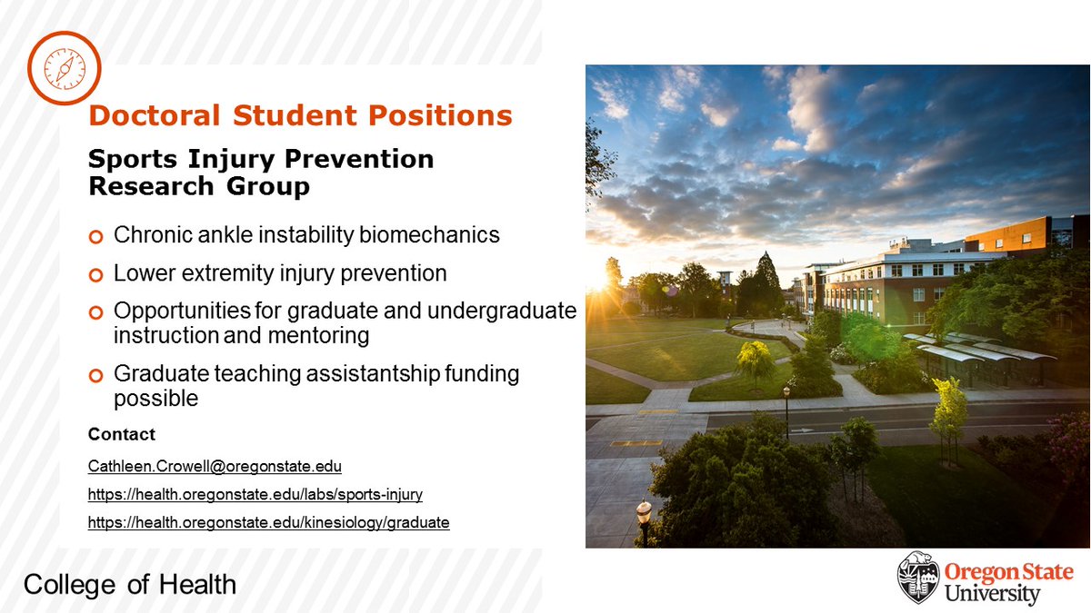 CathleenCrowell's tweet photo. I’m recruiting a PhD student to join our Sports Injury Prevention Research Group!
Preference is for an athletic trainer (ATC) or applicant with a clinical background.
Contact: Cathleen.Crowell@oregonstate.edu https://t.co/MTXtlVfpxQ