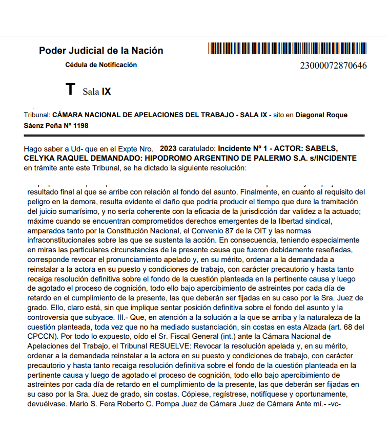 #DemocraciaSindical
#Reincorporacion
#HipodromoPalermo

La CNAT fallo en contra del despido de una trabajadora que ocurrió en connivencia entre la Junta Electoral de APHARA y el Hipodromo de Palermo, para deshacerse de la oposicion y así garantizar la reelección de Diego Quiroga.