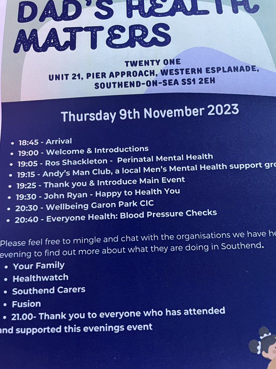 More of this sort of stuff please…

Men’s mental health matters

Great event hosted by <a href="/savs_southend/">SAVS</a>