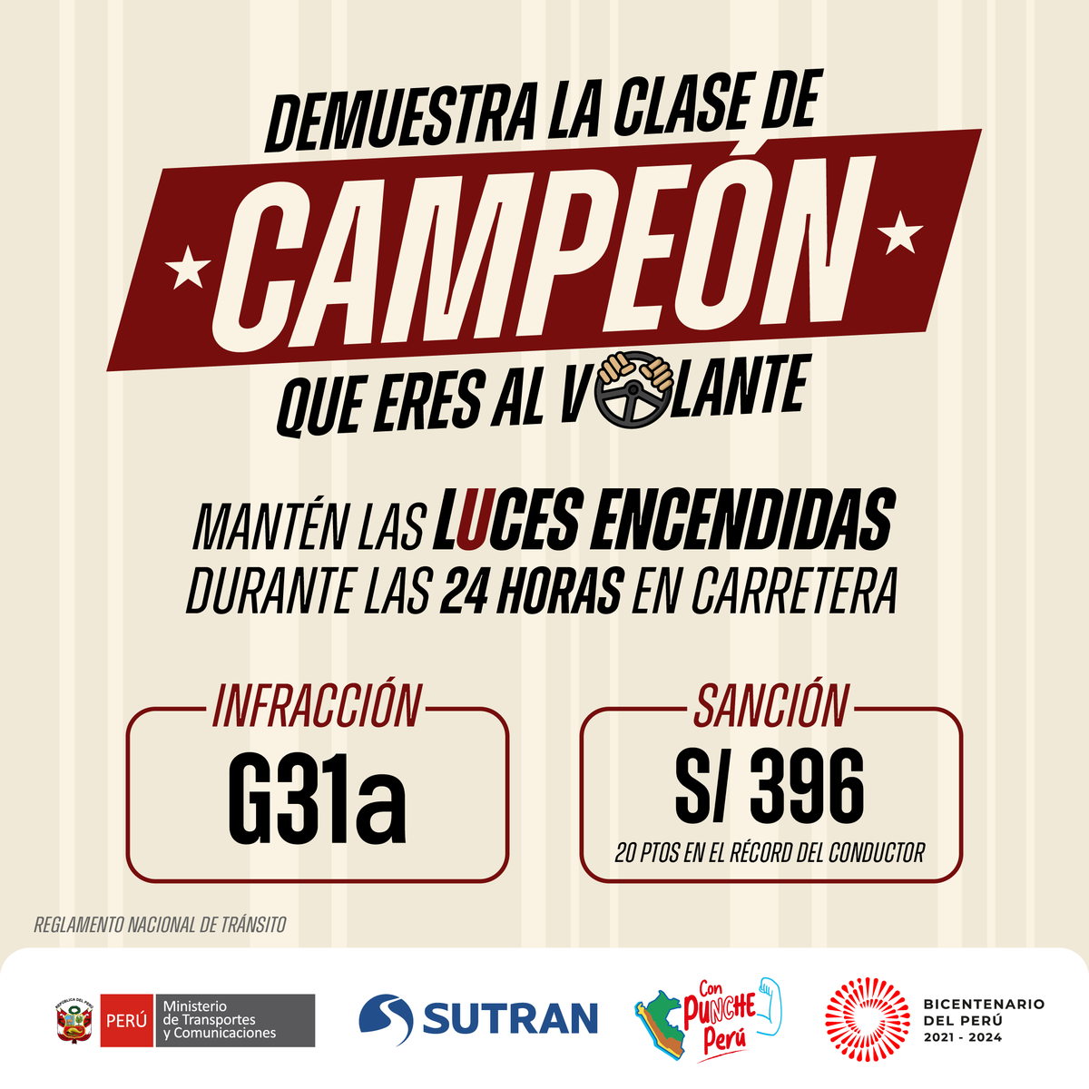 sutranperu's tweet photo. ¡Brilla en todos los campos 🌟! Utiliza adecuadamente tus luces cuando manejes en carretera para prevenir accidentes 🚗. Demuestra que eres un campeón y da el ejemplo a los demás. #SutranProtegiendoTuVida https://t.co/1zihuX8iM4