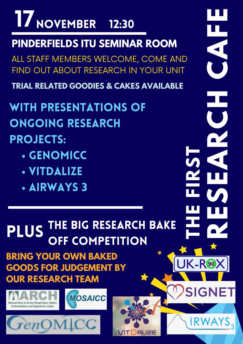 Matt Smith (@matt_smithy) on Twitter photo Our research cafe next week at <a href="/myttcritcare/">Critical Care Gate 30</a>/<a href="/MYorksResearch/">Mid Yorks Research</a>, showcasing all the on going crit care research and plenty of cake and goodies!
<a href="/GenomiccStudy/">GenOMICC Study</a> <a href="/vitdalize/">VITDALIZE UK</a> <a href="/Airways_3/">AIRWAYS-3</a> <a href="/MOSAICC_trial/">MOSAICC</a> <a href="/UKRoxTrial/">UK-ROX Trial</a>
<a href="/CavingDoctor/">Brendan Sloan (he/him)</a> <a href="/MidYorkshireNHS/">Mid Yorkshire Teaching NHS Trust</a> <a href="/MidYorksMESH/">MESH</a> Our research cafe next week at <a href="/myttcritcare/">Critical Care Gate 30</a>/<a href="/MYorksResearch/">Mid Yorks Research</a>, showcasing all the on going crit care research and plenty of cake and goodies!
<a href="/GenomiccStudy/">GenOMICC Study</a> <a href="/vitdalize/">VITDALIZE UK</a> <a href="/Airways_3/">AIRWAYS-3</a> <a href="/MOSAICC_trial/">MOSAICC</a> <a href="/UKRoxTrial/">UK-ROX Trial</a>
<a href="/CavingDoctor/">Brendan Sloan (he/him)</a> <a href="/MidYorkshireNHS/">Mid Yorkshire Teaching NHS Trust</a> <a href="/MidYorksMESH/">MESH</a>