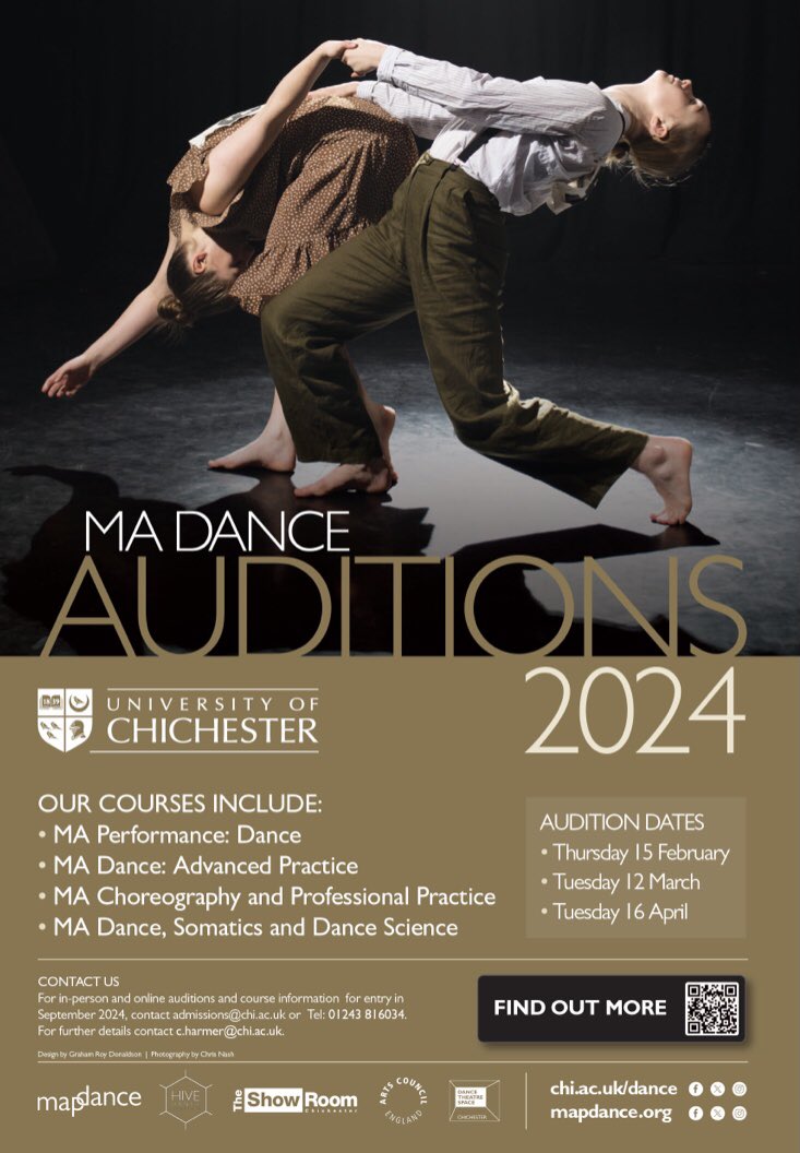 If you or someone you know wants to study at Postgraduate level in Dance then why not check out one of our brilliant programmes - delivered by brilliant people (including me!)

Use the QR code or chi.ac.uk/dance