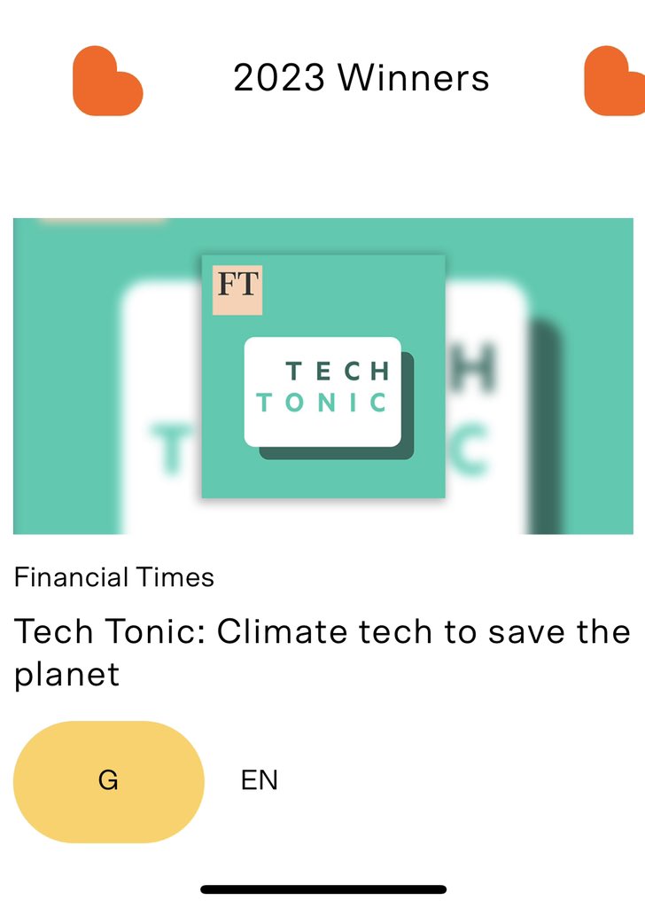 Super chuffed that our @FT Tech Tonic podcast series on climate tech won GOLD 🥇in the @lovieawards environment and sustainability category 🎉 hosted by the excellent @pilitaclark & produced by @EdwinLane & @JoshGD listen here: podcasts.apple.com/gb/podcast/ft-…