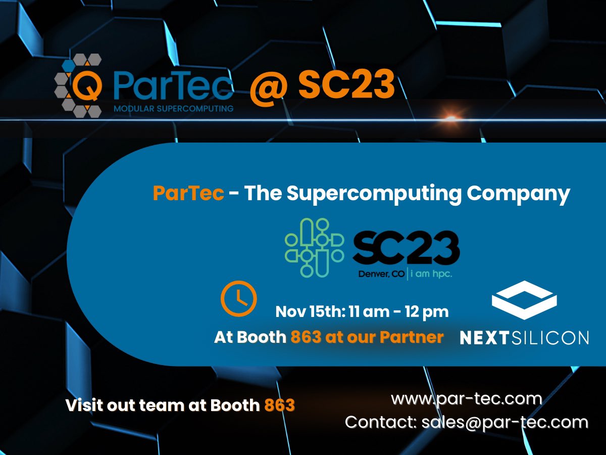 ParTec AG (@partec_ag) on Twitter photo Exciting times at <a href="/Supercomputing/">SC25</a> 🌟 
Grateful for the chance to showcase our company at the booth hosted by our amazing partner <a href="/NextSilicon/">NextSilicon</a> 🤝 
Thrilled about the prospects of future collaboration.
Contact our team #SC23 at: sales@par-tec.com
 #Teamwork #BusinessPartnership Exciting times at <a href="/Supercomputing/">SC25</a> 🌟 
Grateful for the chance to showcase our company at the booth hosted by our amazing partner <a href="/NextSilicon/">NextSilicon</a> 🤝 
Thrilled about the prospects of future collaboration.
Contact our team #SC23 at: sales@par-tec.com
 #Teamwork #BusinessPartnership