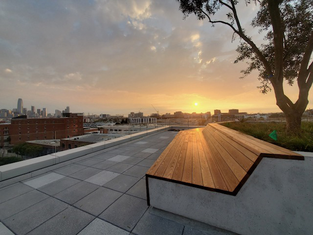 Webcor Carpentry and Concrete partnered closely on this thermory bench sitting atop 300 Kansas's 5th-floor rooftop in SF. Webcor Carpentry completed the layouts for Webcor Concrete, who performed the cutting and skim-coating to fill the front leg for alignments! #BuildWithWebcor