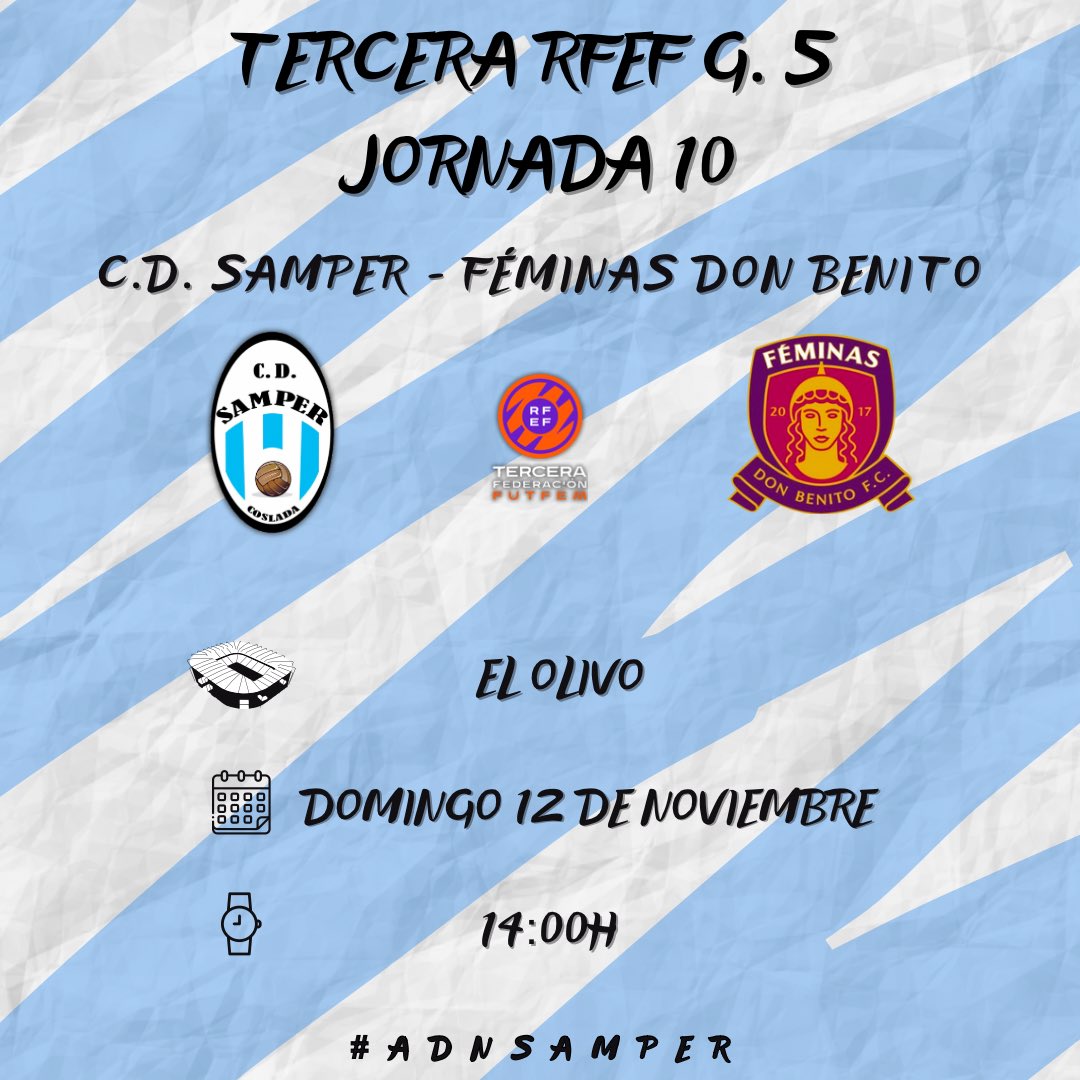 📌 𝑪𝑶𝑴𝑷𝑳𝑬𝑻𝑨𝑹𝑬𝑴𝑶𝑺 𝑳𝑨𝑺 𝑫𝑰𝑬𝒁 𝑷𝑹𝑰𝑴𝑬𝑹𝑨𝑺 𝑱𝑶𝑹𝑵𝑨𝑫𝑨𝑺 𝑹𝑬𝑪𝑰𝑩𝑰𝑬𝑵𝑫𝑶 𝑨𝑳 <a href="/FeminasDBFC/">FéminasDonBenitoFC</a> 𝑬𝑵 𝑬𝑳 𝑶𝑳𝑰𝑽𝑶.

<a href="/cdsamper/">C.D. Samper</a> - <a href="/FeminasDBFC/">FéminasDonBenitoFC</a> 

🗓️J10 - Domingo 12 de Noviembre.
⌚️14:00
🏟️El Olivo
🖥️ Youtube Sport Plaza

#adnsamper