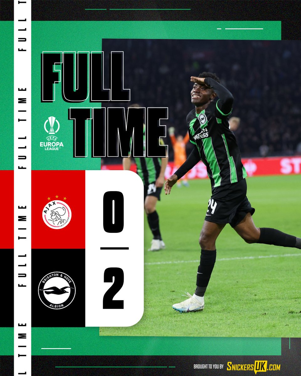 OfficialBHAFC's tweet image. FT: Albion seal their first ever victory away from home in Europe! 🌍

[0-2] 📲 snickersuk.com // #BHAFC 🟢⚫