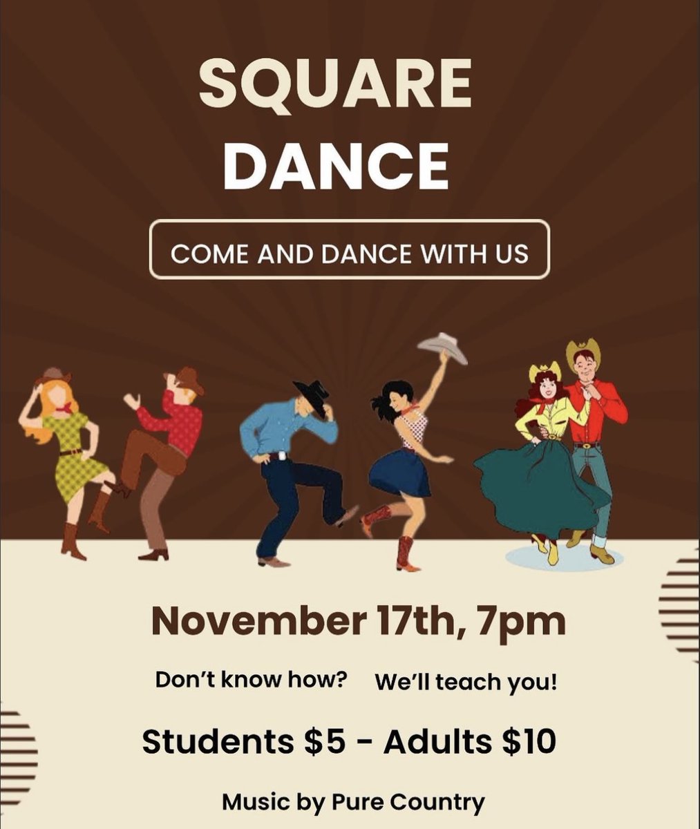 NCCSD_K12's tweet image. Mark your calendars! Student Government will be hosting a Square Dance on Friday, 11/17 @ 7pm in the Jr./Sr. High School Gymnasium.  Come out and join the fun! #studentgovernment #squaredancing