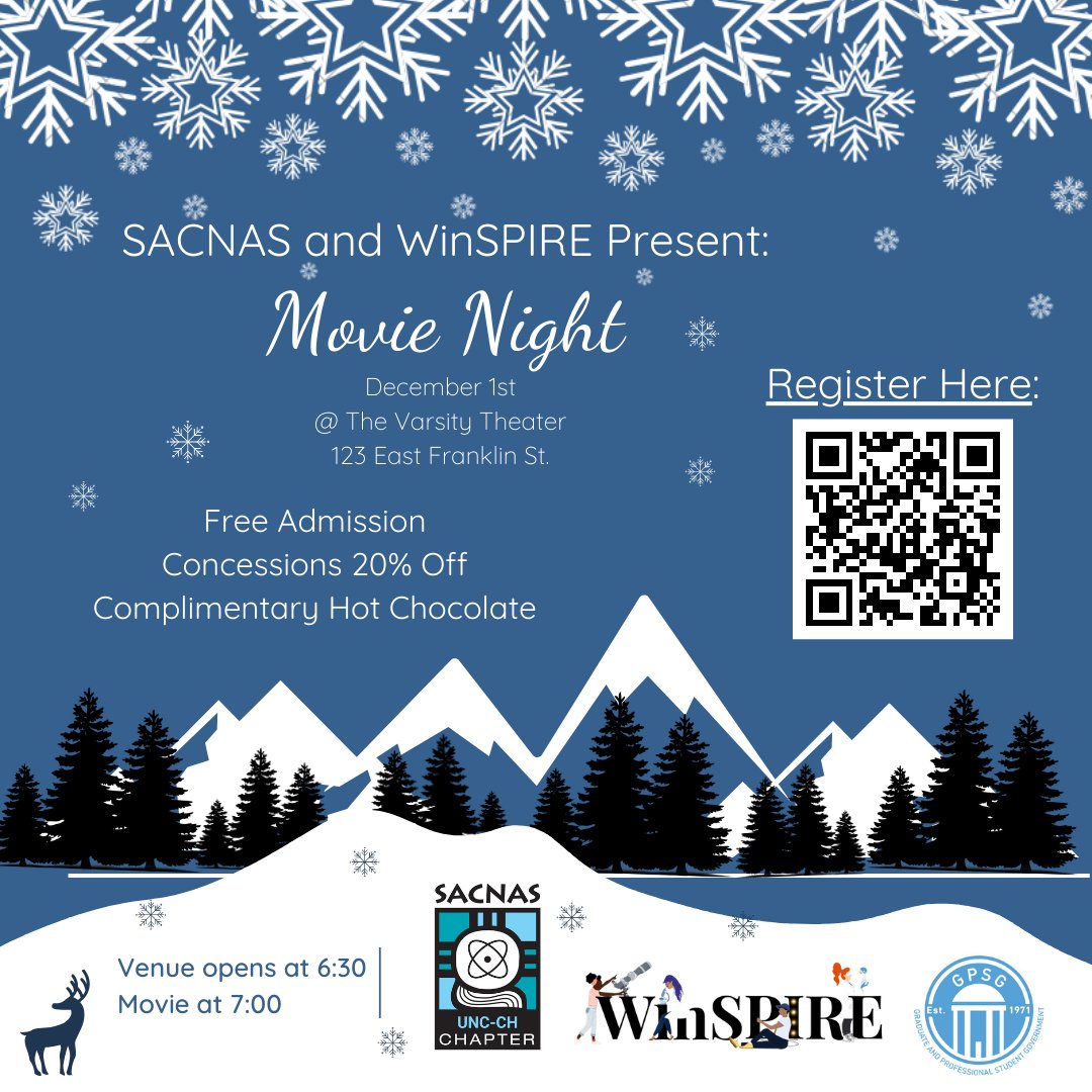 WinSPIRE and SACNAS Organizations at UNC invite you to enjoy the movie Hidden Figures, meet with WinSPIRE and SACNAS representatives to learn more about our organizations, and engage in an optional discussion of film afterward.