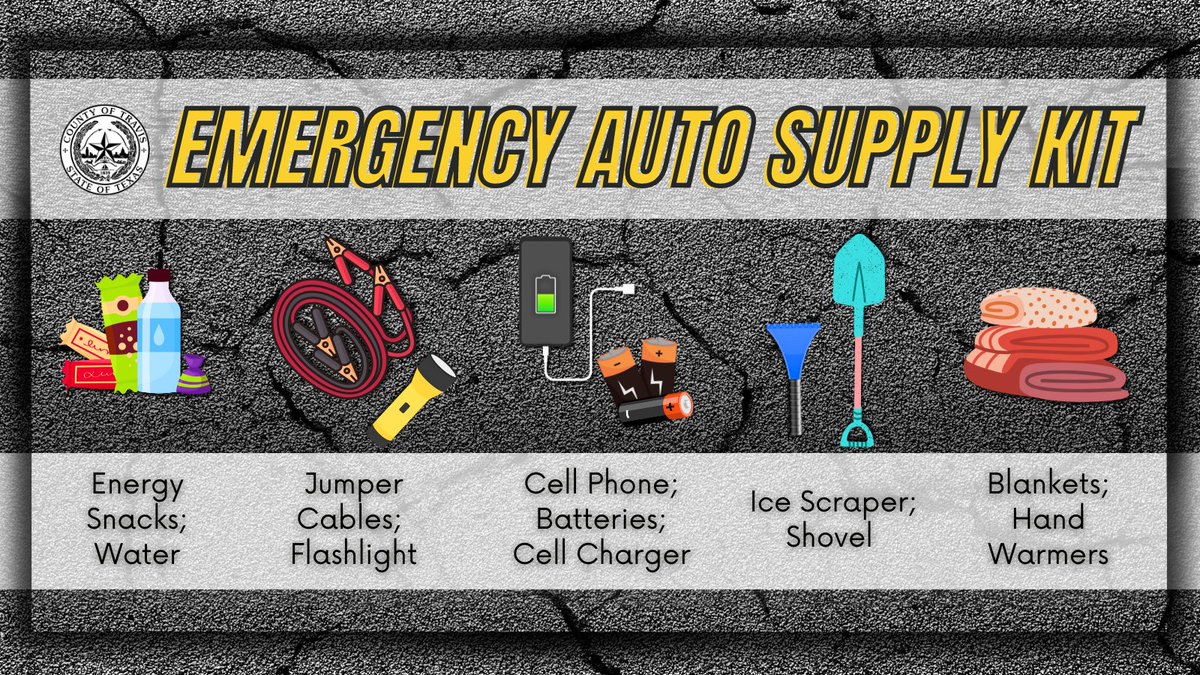 #TravisCounty, make sure your #EmergencyAutoKit has the following: ❄️ Blankets 🍞 #NonPerishableSnacks; water 🔦 #Flashlight 🆘 #FirstAidKit 📱 Phone & charger 🚗Jumper cables 🏆 small shovel, ice scraper #EmergencyKit