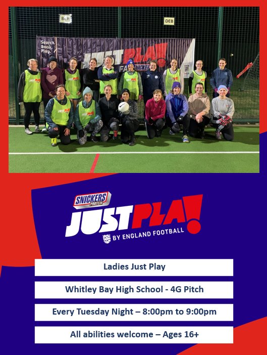 Just Play is a fun way for women (16+) to get into football, get back into football or to carry on playing football, in a relaxed setting. Sessions are every Tuesday, 8pm at Whitley Bay High School. All abilities welcome to join a great group. faevents.thefa.com/Book?SessionID…