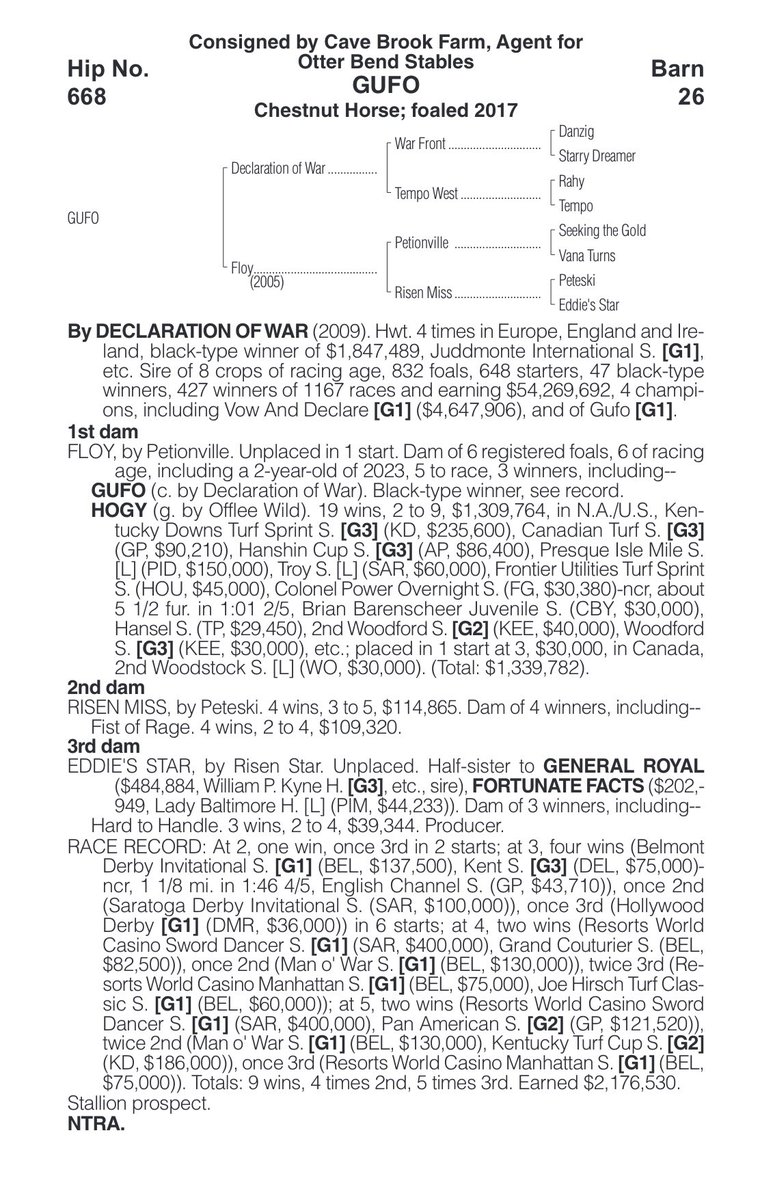 Today is the day! Stallion prospect GUFO (Declaration of War - Floy by Petionville) is being offered. Don’t miss your opportunity to own this 3X G1 winner of $2,176,530. 
Hip # 668, barn 26
Consignors Cave Brook Farm. @keenelandsales #keeNov