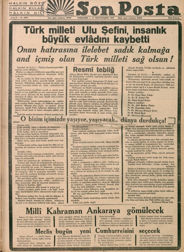 10/11 Kasım 1938 tarihli bazı gazete manşetleri.