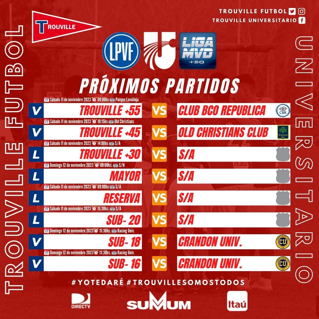 🔺️Fútbol ⚽️‼
Compartimos Actividad fijada para sábado 11 y domingo 12 de noviembre en las categorías de @ligauniversitariauy  <a href="/LPVFinfo/">LPVF</a>
.
De a poco nos vamos arrimando al final de toda la Temporada. 
La +55 va por el Titulo en la categoría.
.
#VamosLaRoja🔴⚽️
@clubtrouvilleuy