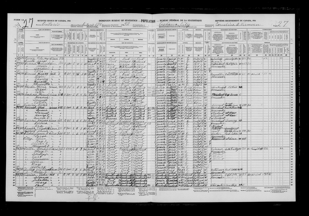 #Museum30 Day 9 – Senses. Funny story. Senses sounds a lot like Census (am I wrong?!). You can get a good SENSE of the community by looking at the CENSUS, and the 1931 Census was just released earlier this year! Page 27 from Oshawa's Census Subdivision 32: …erche-collection-search.bac-lac.gc.ca/eng/census/ind…