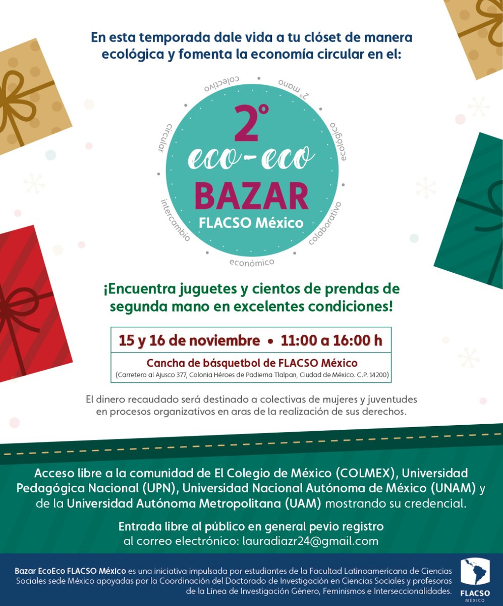 📌 Te esperamos en la segunda edición de #BazarEcoEco #FLACSOMéxico.

🗓️ 15 y 16 nov 
📍#FLACSOMéxico

Invitación a la comunidad de <a href="/elcolmex/">El Colegio de México</a>, <a href="/UPNmx/">UPN Ajusco Mex</a>, <a href="/lauammx/">UAM</a> y <a href="/UNAM_MX/">UNAM</a> mostrando su credencial.

✍️ Acceso al público general: lauradiazr24@gmail.com
