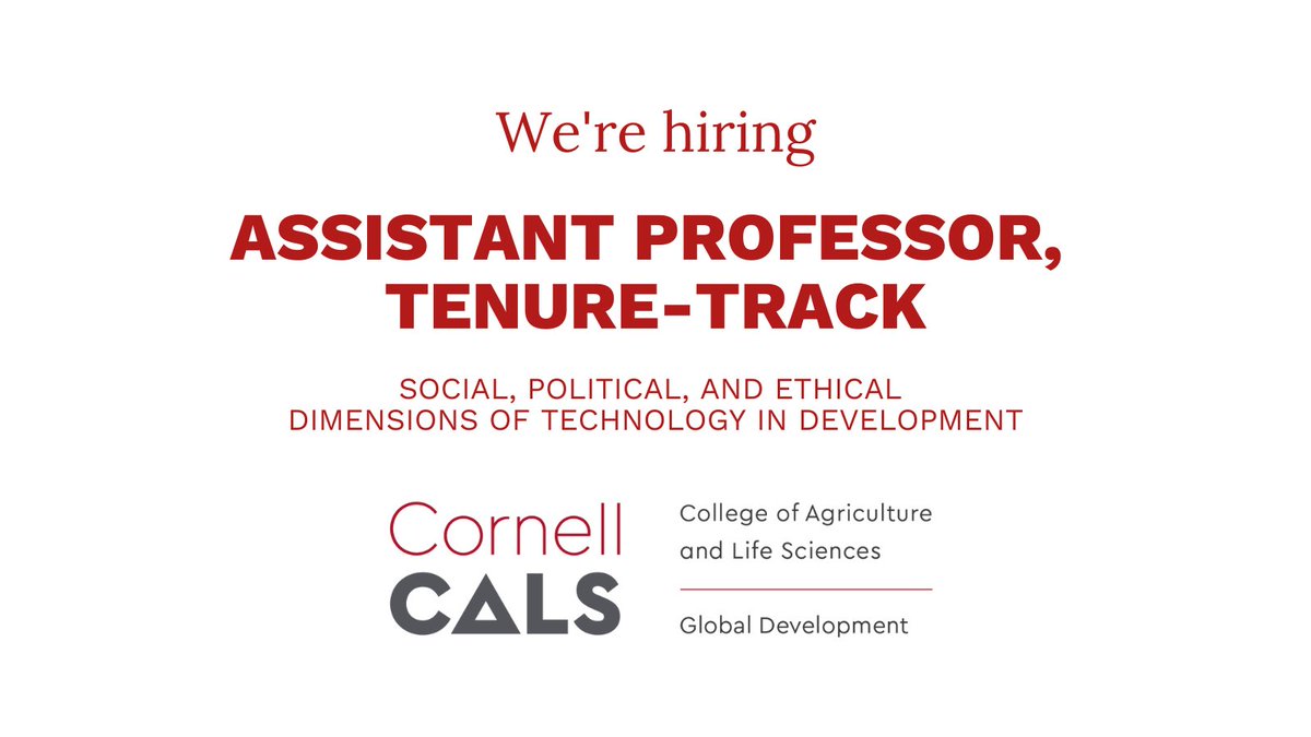 Cornell Global Development (@cornellglobal) on Twitter photo We are thrilled to share an opportunity in <a href="/CornellCALS/">Cornell CALS</a> Global Development!
We seek candidates whose work addresses the ethical implications + power dynamics of tech/tech change + how these contribute to different social/env outcomes.
Apply by 1/15/24: academicjobsonline.org/ajo/jobs/26353 We are thrilled to share an opportunity in <a href="/CornellCALS/">Cornell CALS</a> Global Development!
We seek candidates whose work addresses the ethical implications + power dynamics of tech/tech change + how these contribute to different social/env outcomes.
Apply by 1/15/24: academicjobsonline.org/ajo/jobs/26353