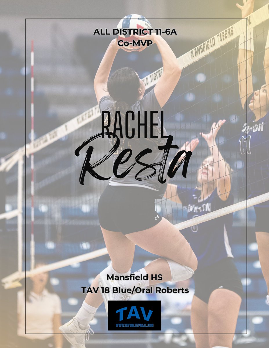 TAVVolleyball's tweet photo. Congrats to #TAV18Blue athlete Rachel Resta (Mansfield HS/Oral Roberts) for being named to the District 11-6A Co-MVP! #GoTAV https://t.co/gVE7XlDqqB
