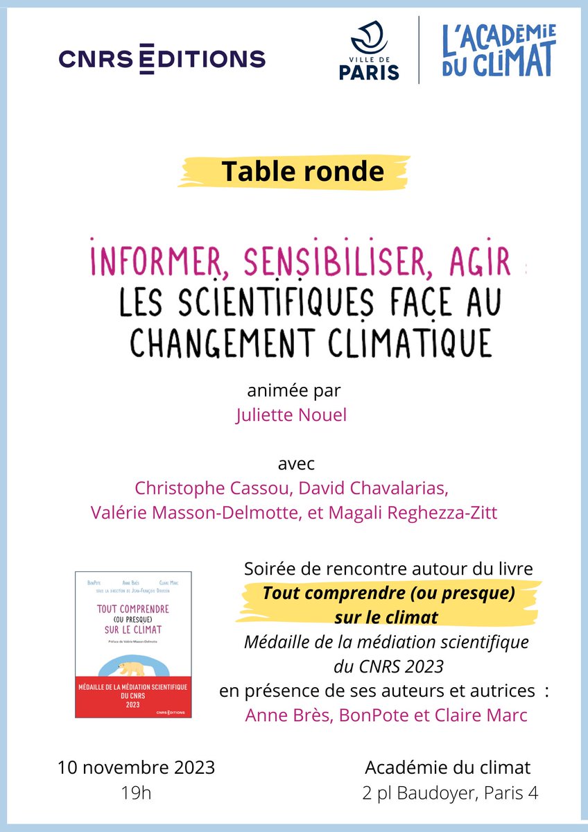 Forumeteoclimat's tweet photo. 📢 Demain vendredi 10 novembre Soirée de rencontre autour du 📓 "Tout comprendre (ou presque) sur le climat" à l’@AcademieClimat  

Table ronde 🗣 avec @valmasdel @MagaliReghezza @cassouman40 &amp; @chavalarias. 

Cc @CNRS_INSU @CNRSEditions @AnneBres @Prof_JF_Doussin https://t.co/BKJ27H5mCl