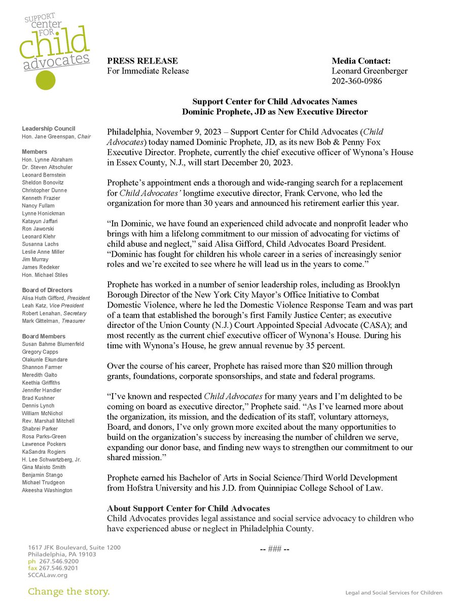 Support Center for Child Advocates is excited to announce our new Executive Director, Dominic Prophete, JD! We look forward to Dominic joining Child Advocates this December.