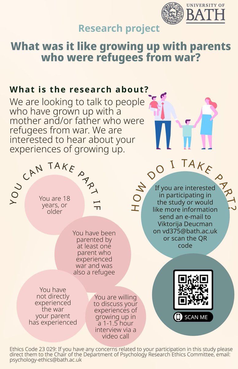 Trauma_Project's tweet image. If you have grown up with a parent who fled war please consider taking part in our study. Big thank you to everybody who already shared our research, please continue to share to reach more people! #refugees #psychology #dclinpsy #intergenerational #research @UniofBath