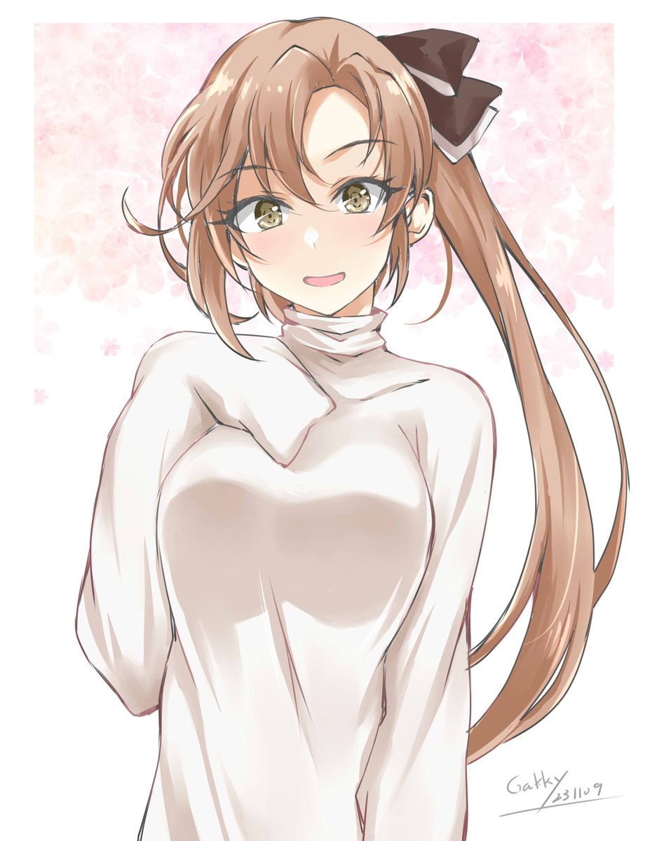 akigumo (kancolle) 1girl solo long hair brown hair ponytail sweater white sweater  illustration images