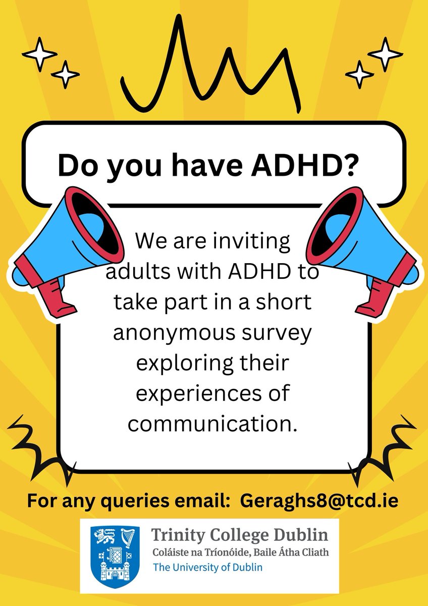 Attention #ADHDtwitter 🚨 Do you have #ADHD? Are you over 18? Please take part in a 3-minute anonymous survey that explores divided attention and its impact on communicative experiences in social situations for adults with #ADHD! Link to survey: tcdecon.qualtrics.com/jfe/form/SV_9p…