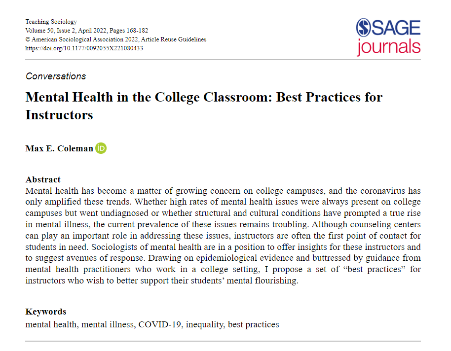 🪃 It's Throwback Thursday! 🪃 
Check out our 2022 article Mental Health in the College Classroom by <a href="/max_e_coleman/">Max Coleman</a> which provides a set of best practices for instructors to better support their students, drawing on evidence. 
#TeachSoc #mentalhealth 
doi.org/10.1177/009205…