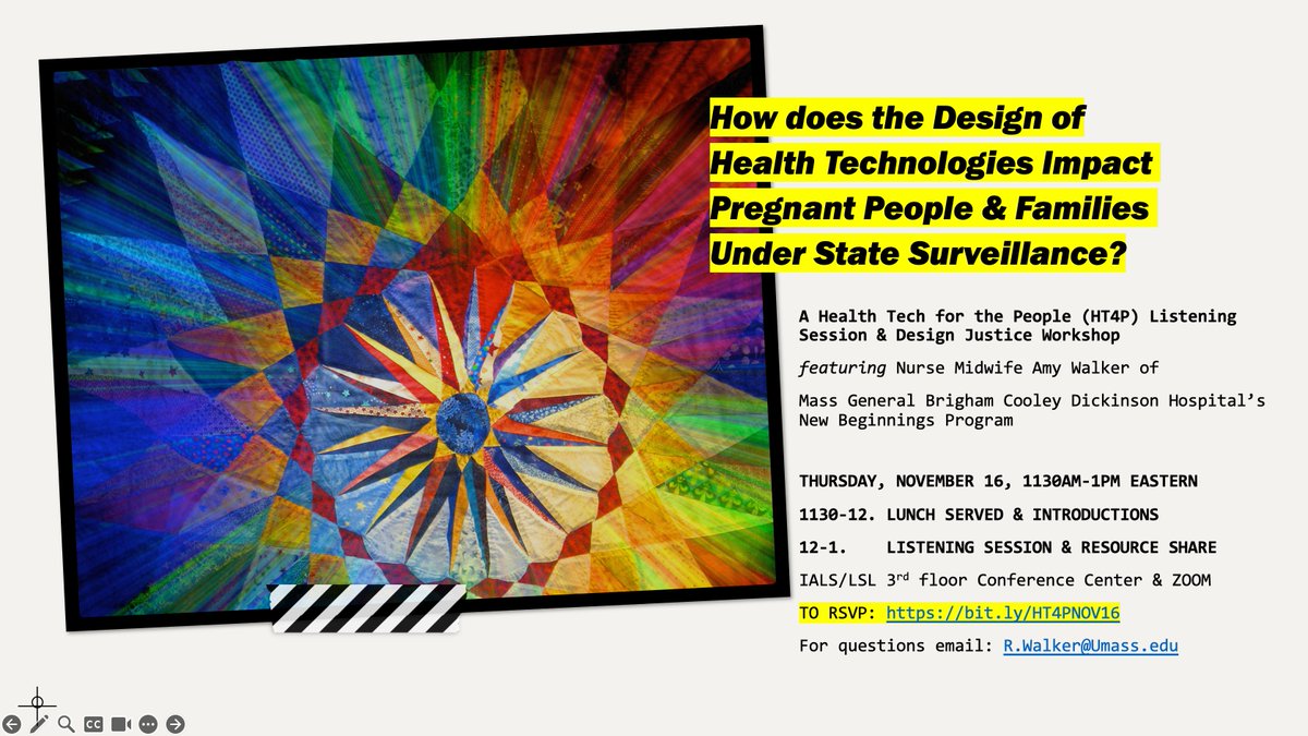 Next Thurs 11/16 from @UMassIALS Health Tech for the People: 

How do health technologies impact pregnant persons & families under state surveillance? 

A hybrid #HT4P listening session & #DesignJustice workshop with nurse midwife Amy Walker & moderator Cory Gatrall

1130a-1p ET